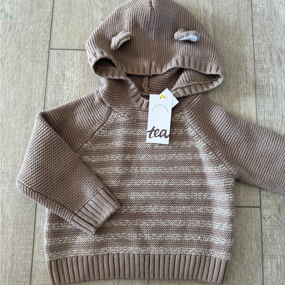 Tea Collection Knit Baby Sweater with bear ears. Gender Neutral.